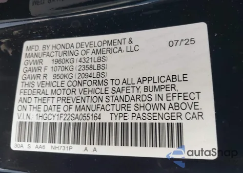 2025 Honda Accord Lx from USA, damaged, VIN 1HGCY1F22SA055164